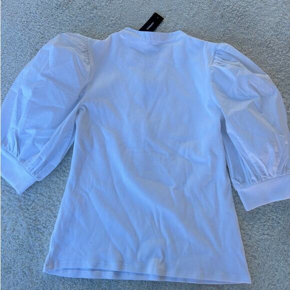 NWT $55 Express Ribbed V-Neck Poplin Puff Sleeve Henley Tee - Picture 6 of 6